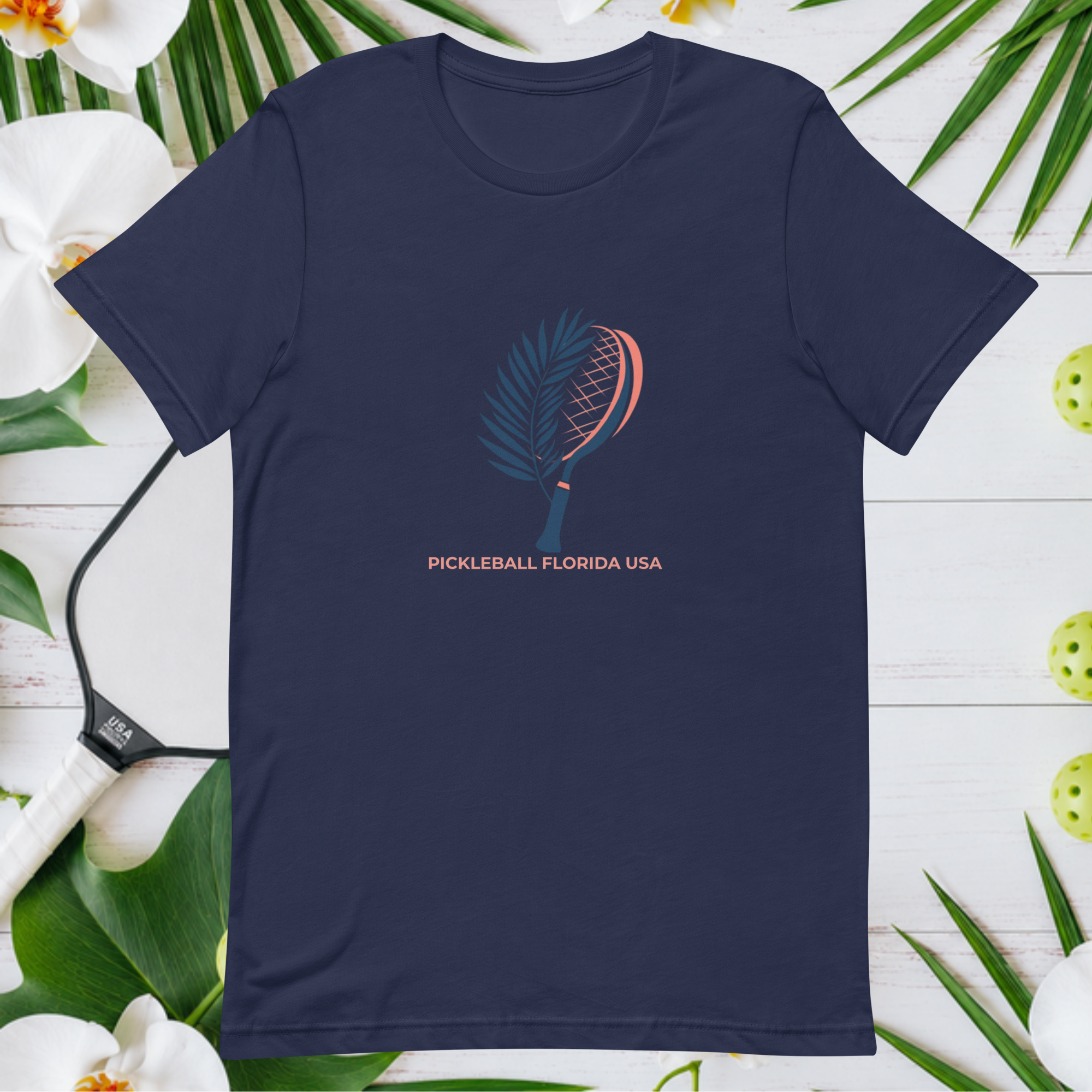 Palm Paddle Pickleball Tee Navy Florida